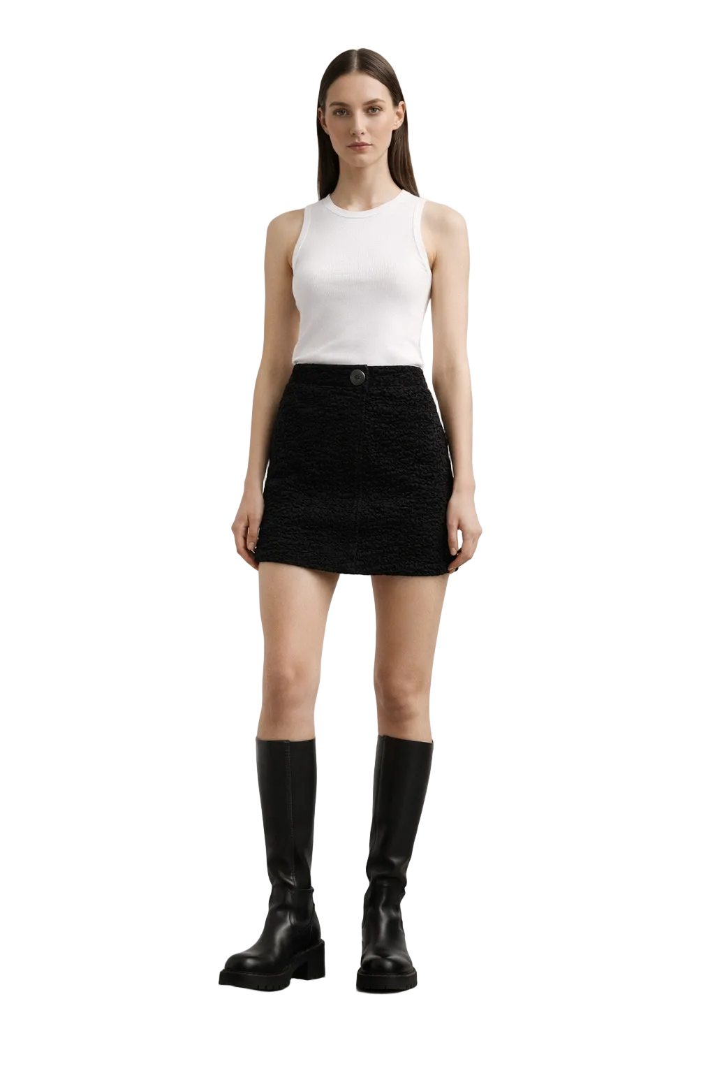 Black Textured Mini Skirt with Button Detail