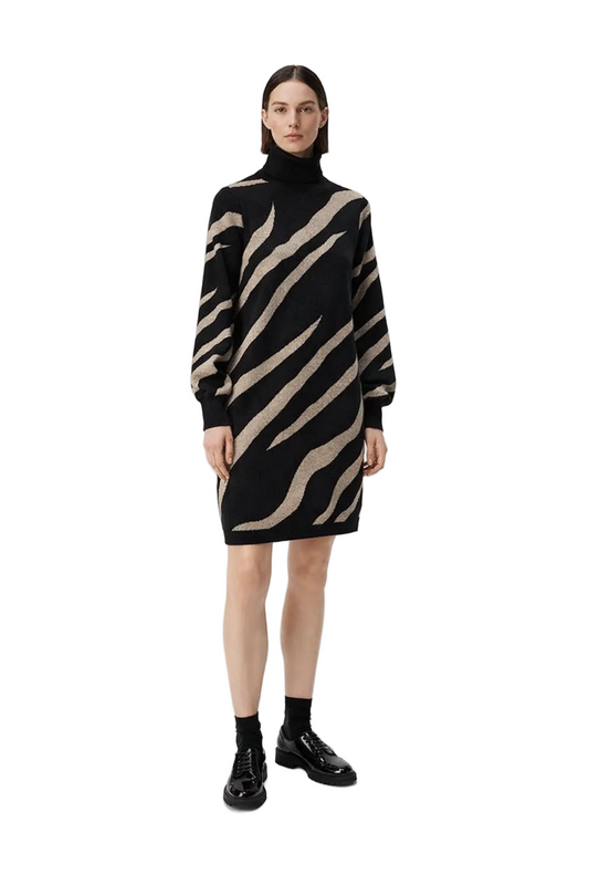 Black and Beige Zebra Pattern Turtleneck Knit Dress