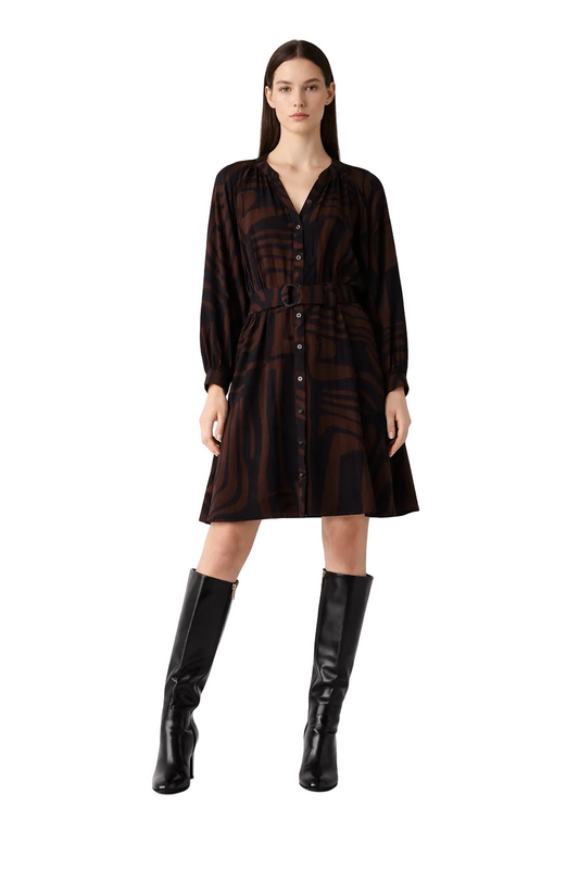 Brown and Black Abstract Print Button-Front Dress with Belt