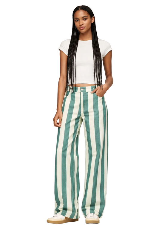 Green and White Striped Straight-Leg Trousers