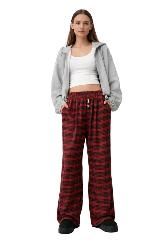 Red and Black Plaid Wide-Leg Trousers