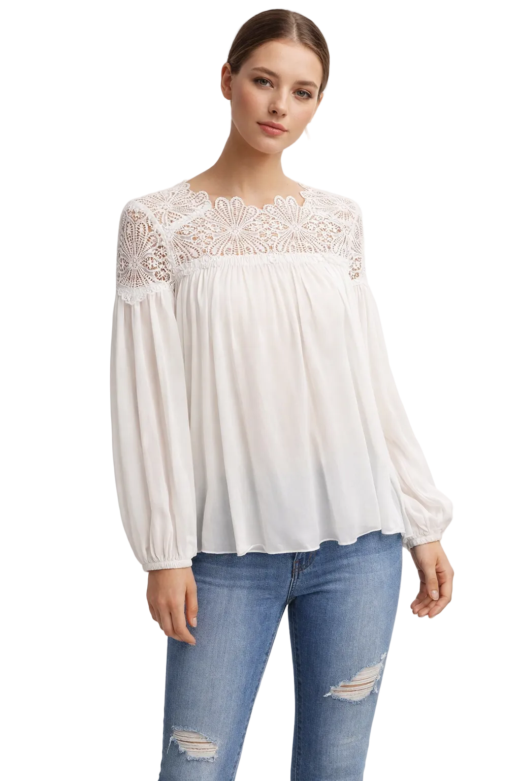White Long Sleeve Blouse with Lace Yoke and Gathered Body